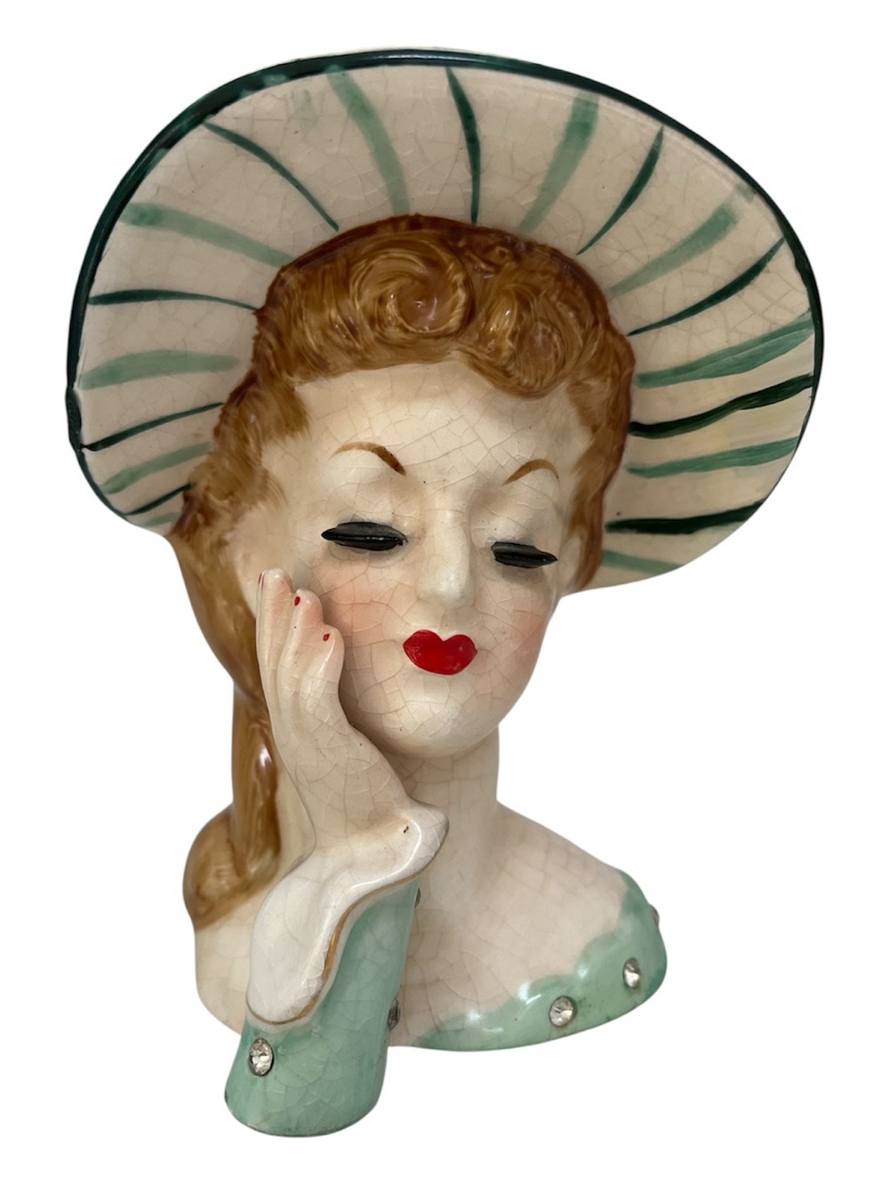 Vintage Lady Head Green Striped Hat Vase Napco 1956 C1776CA with Rhinestones